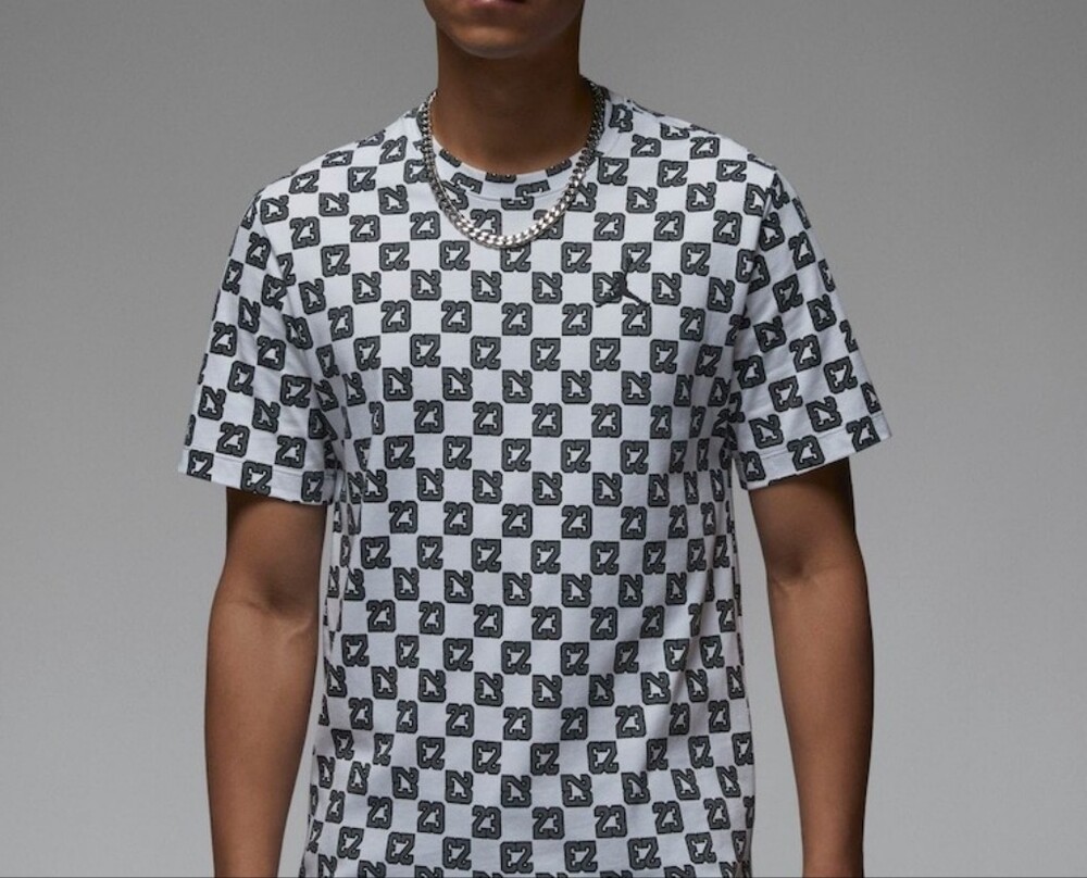 Jordan White Short Sleeve Tee with Black All-Over Logo Grid